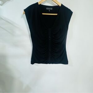 NEW Grayse Black V-Neck Cap Sleeve Jeweled Top Blouse